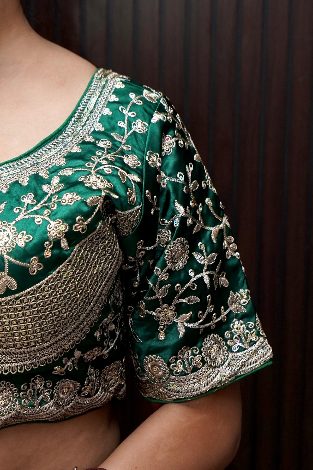 Heavy Embroidery Work Elbow Sleeves Blouse in Bottle Green
