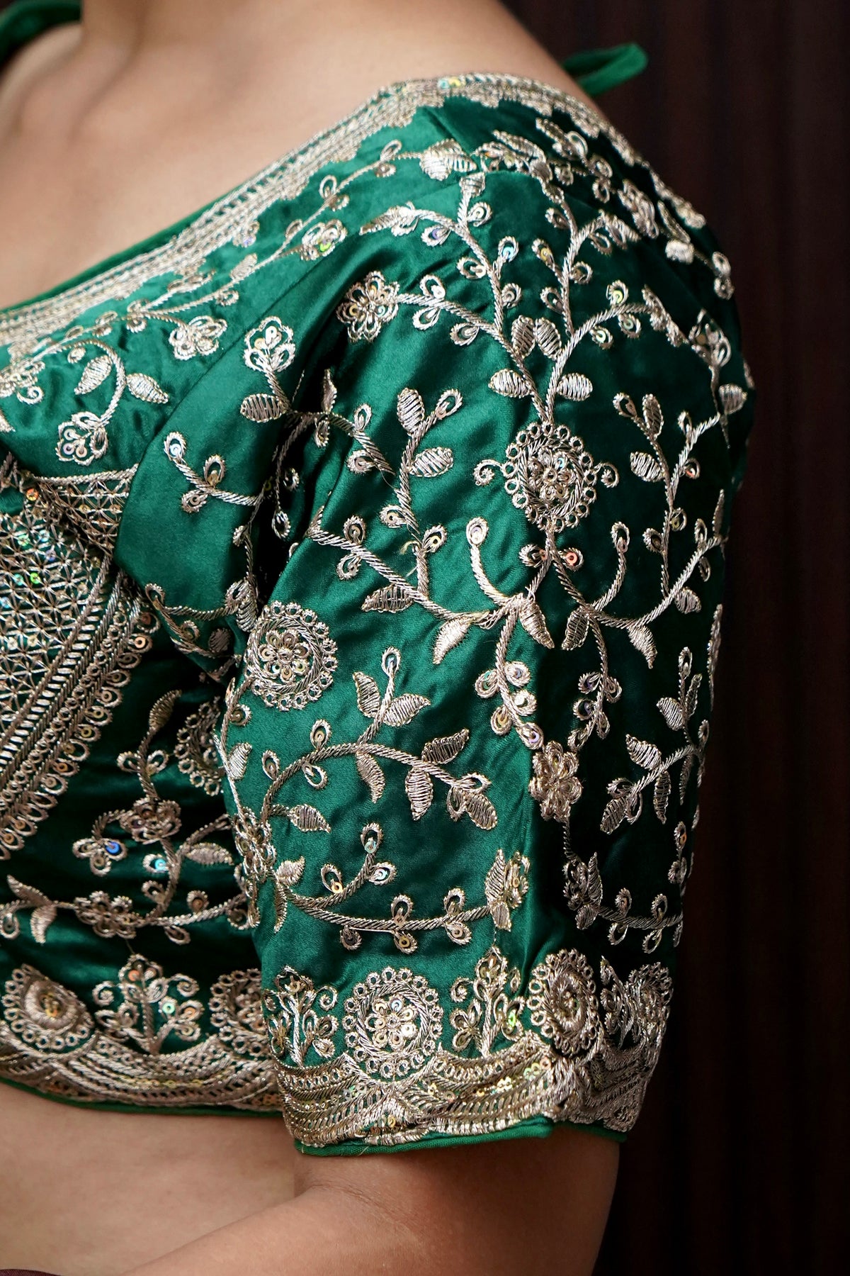 Heavy Embroidery Work Elbow Sleeves Blouse in Bottle Green