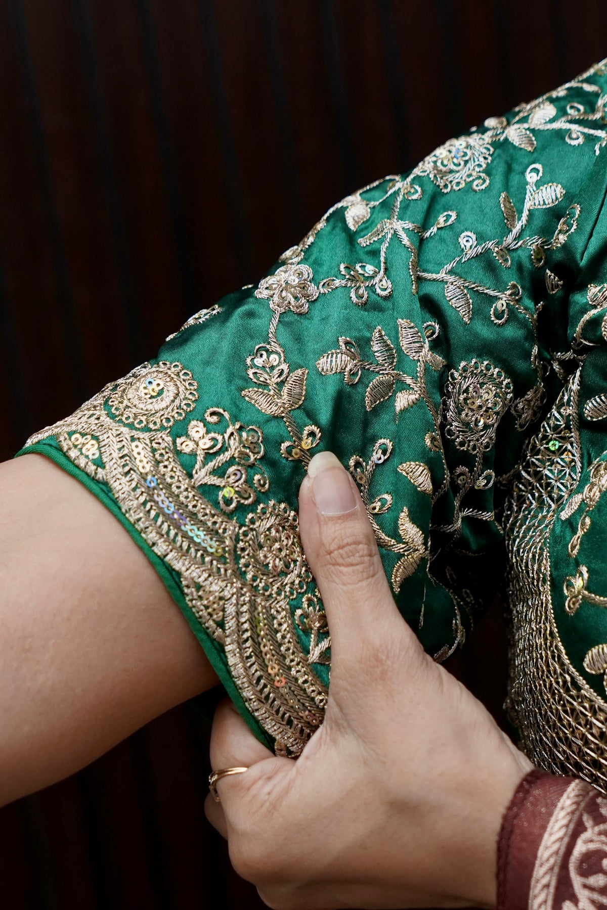 Heavy Embroidery Work Elbow Sleeves Blouse in Bottle Green