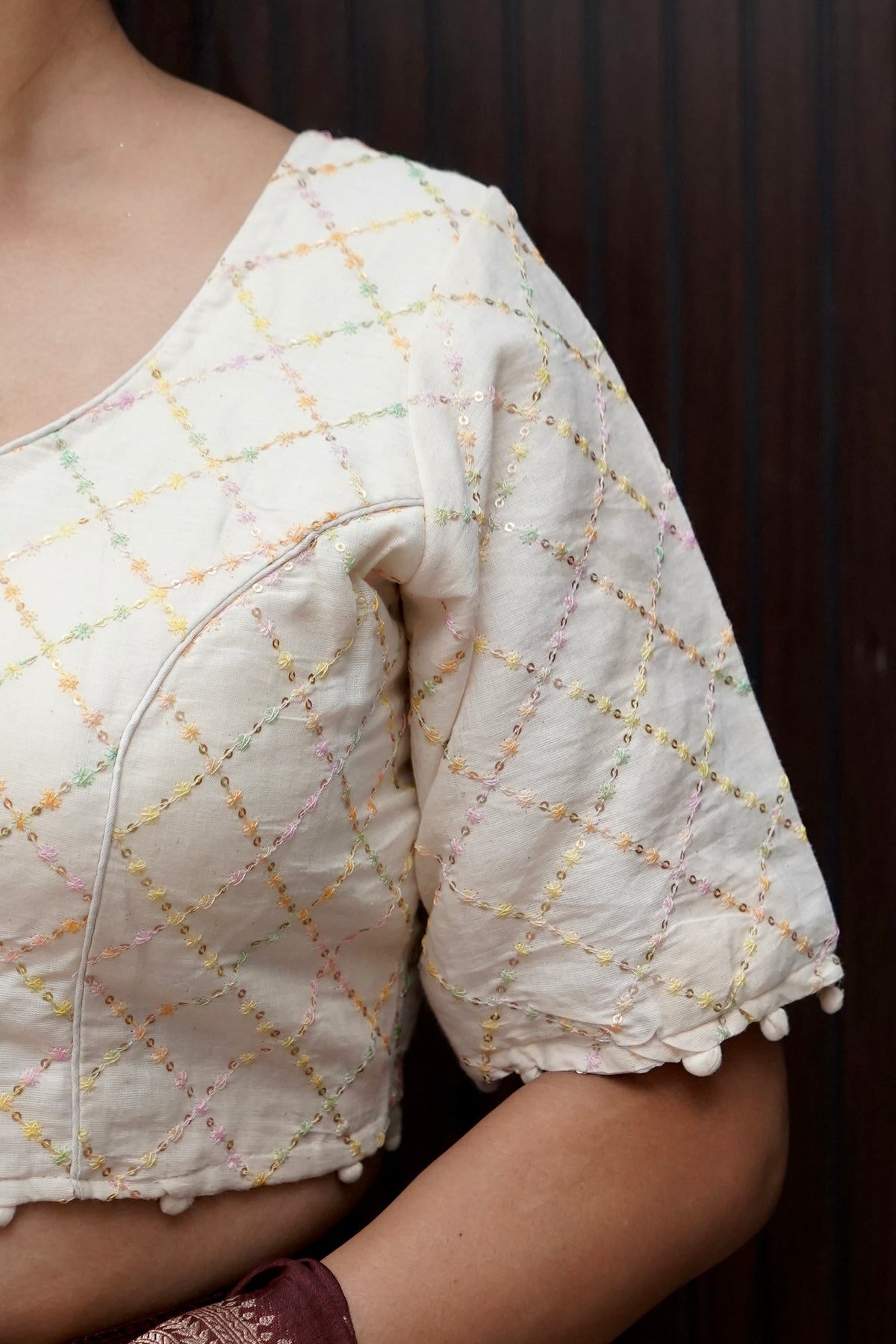 White Embroidered Work Blouse - 1