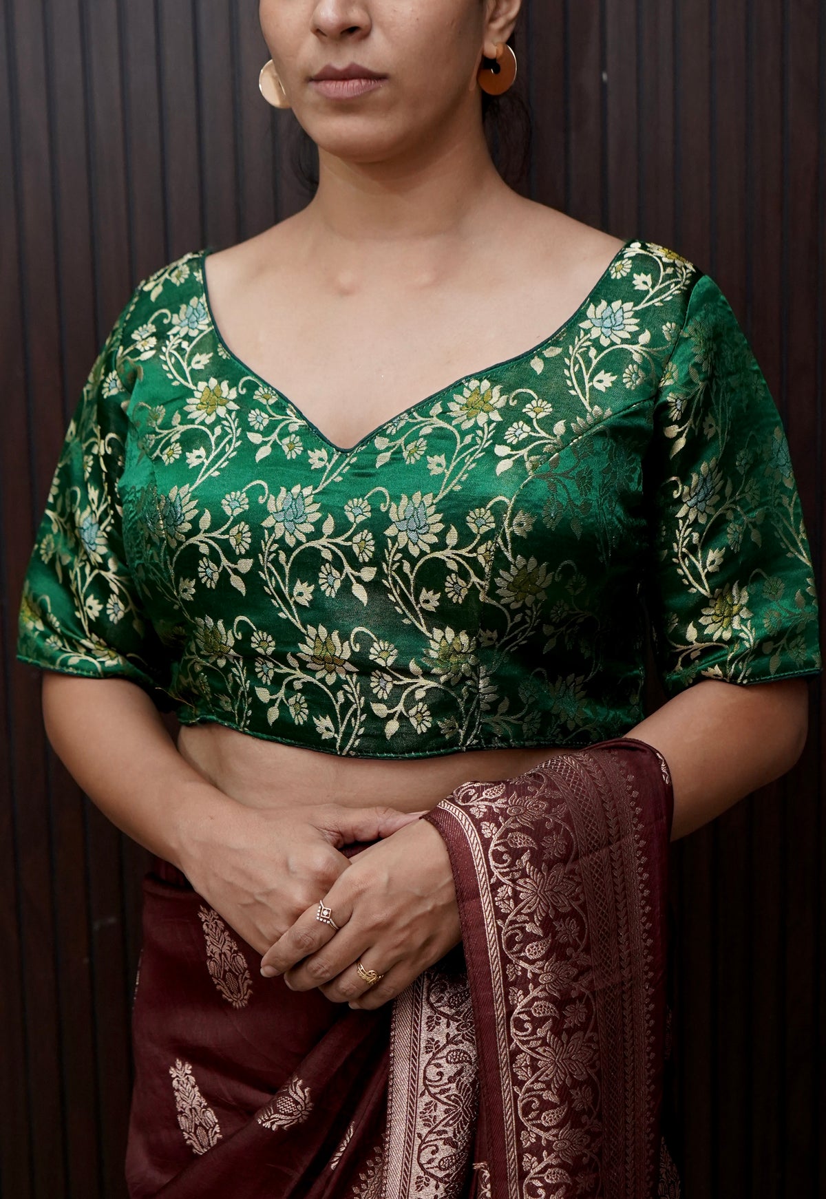 Brocade Floral Vine Blouse - Dark Green