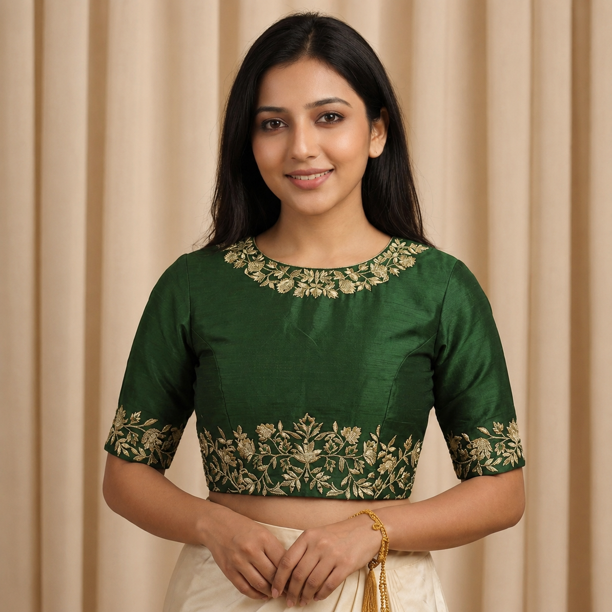 Deep Emerald Green Embroidered Work Blouse – Elbow Length Sleeves