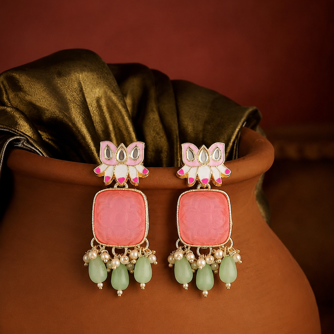 Blush Lotus Pearl & Green Teardrop Earrings