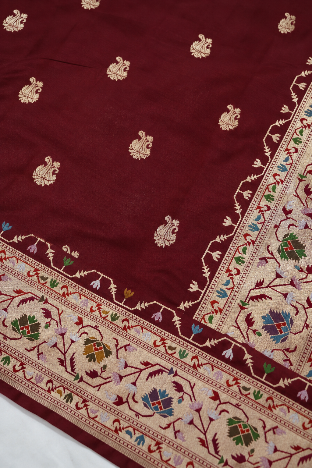 Peshavi - Deep Burgundy Paithani Silk Saree with Stitched Blouse