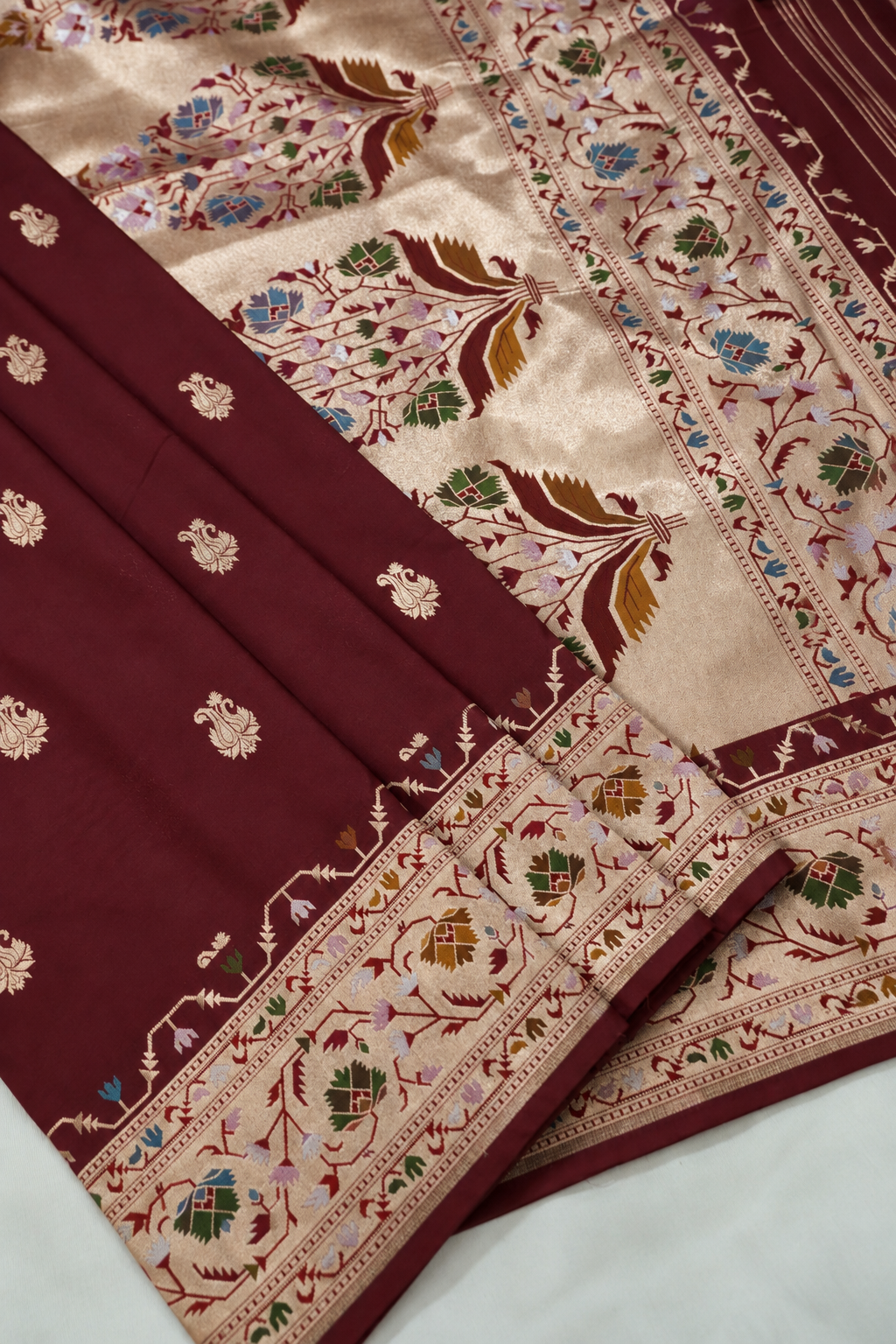 Peshavi - Deep Burgundy Paithani Silk Saree with Stitched Blouse