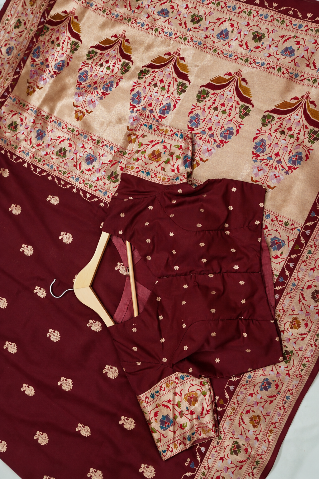 Peshavi - Deep Burgundy Paithani Silk Saree with Stitched Blouse