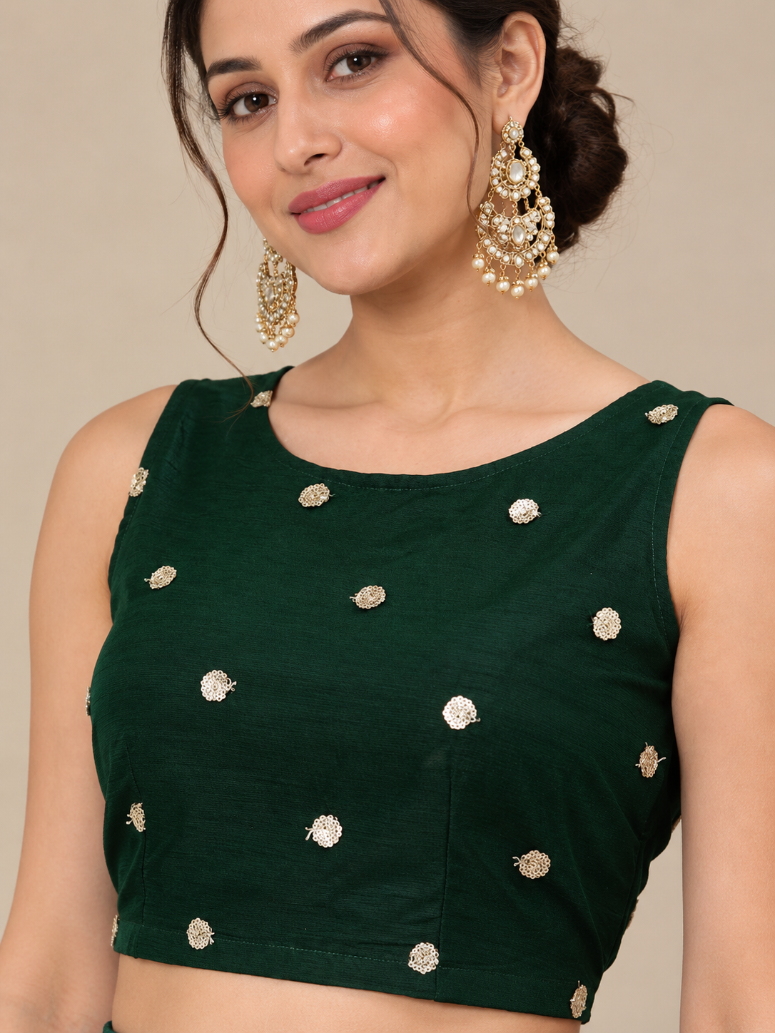 Deep Green Net Sequin Embroidered Readymade Blouse - Free Size: Fits Upto 3XL