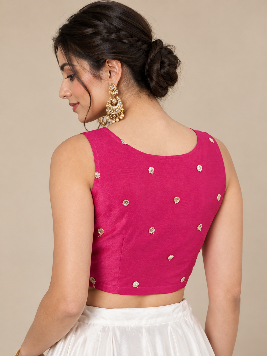 Deep Pink Net Sequin Embroidered Readymade Blouse - Free Size: Fits Upto 3XL