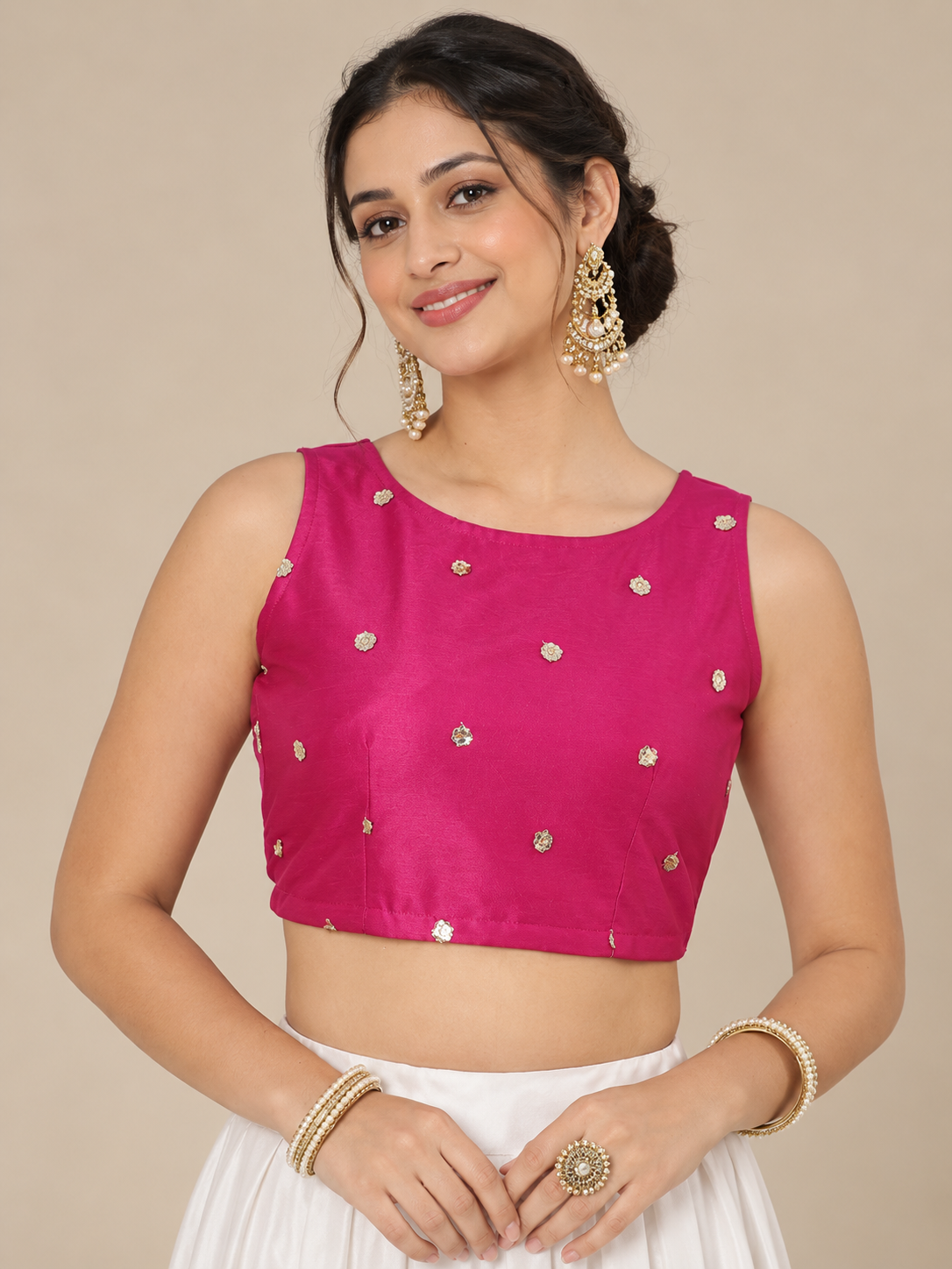 Deep Pink Net Sequin Embroidered Readymade Blouse - Free Size: Fits Upto 3XL