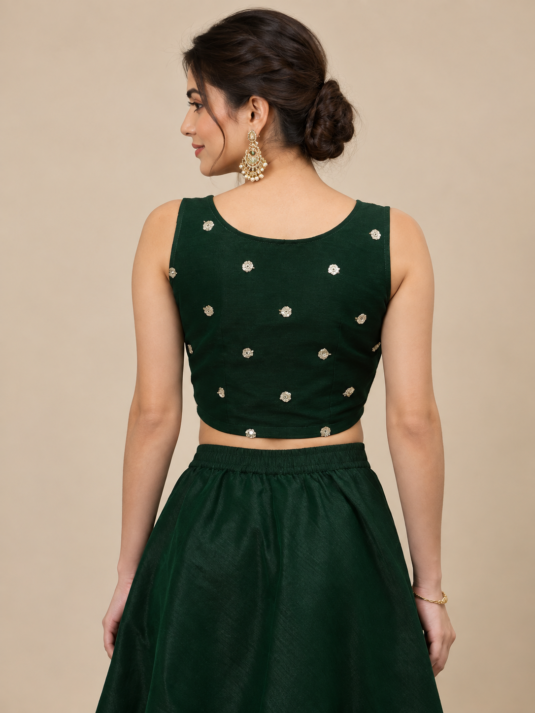 Deep Green Net Sequin Embroidered Readymade Blouse - Free Size: Fits Upto 3XL