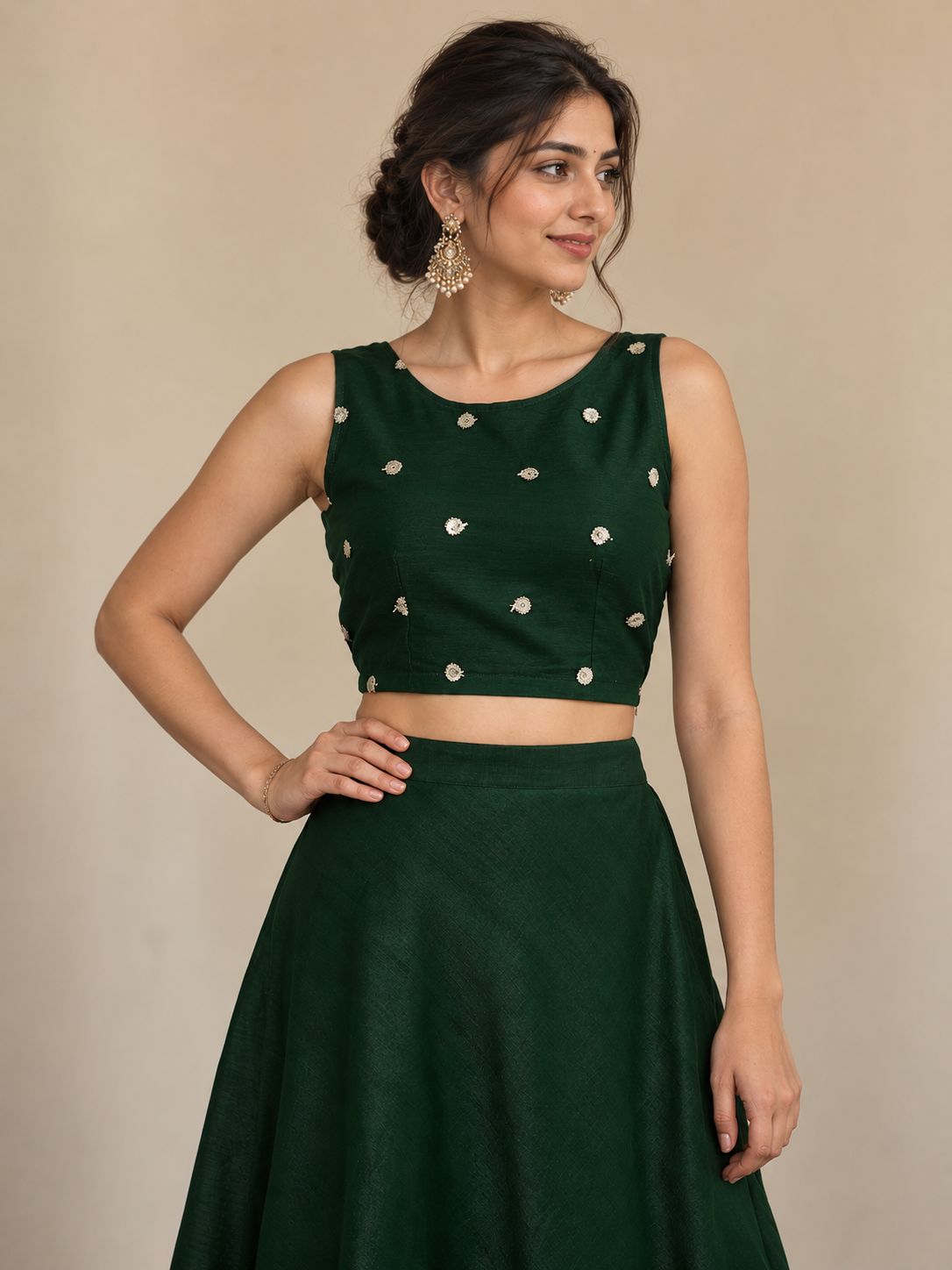 Deep Green Net Sequin Embroidered Readymade Blouse - Free Size: Fits Upto 3XL