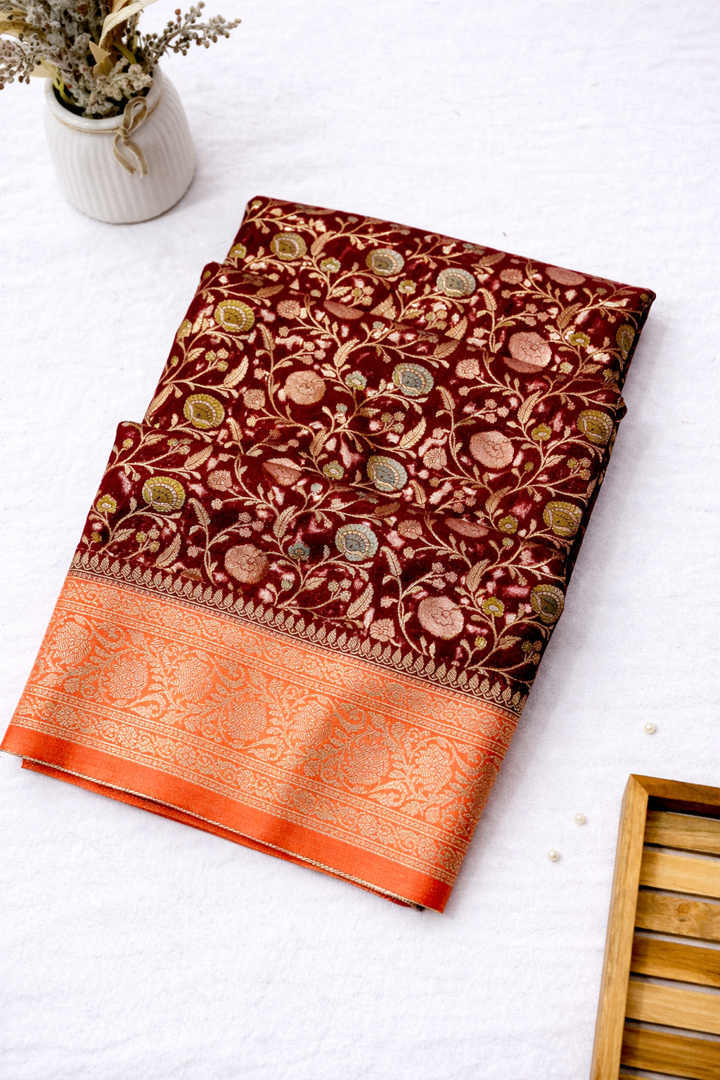 Maroon Raw Silk Saree with Orange Border