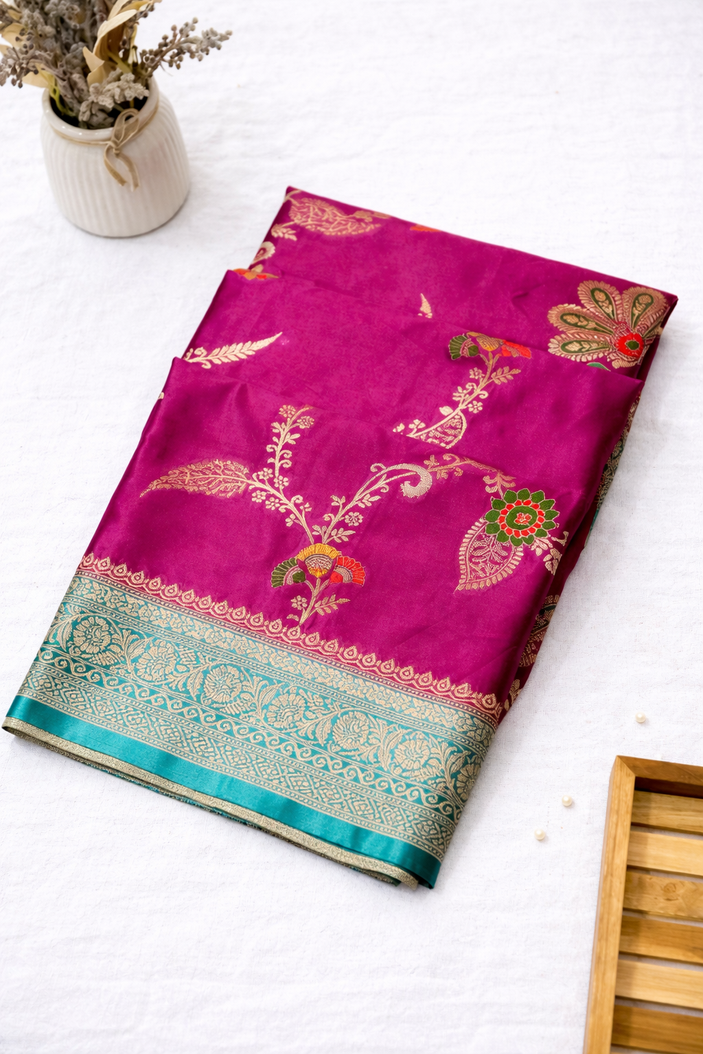 Purple Satin Mashru Silk Saree with Teal Zari Border