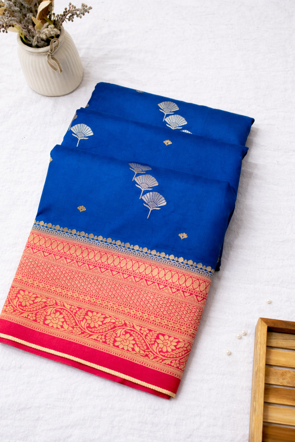 Royal Blue Crepe Georgette Silk Saree with Pink Border
