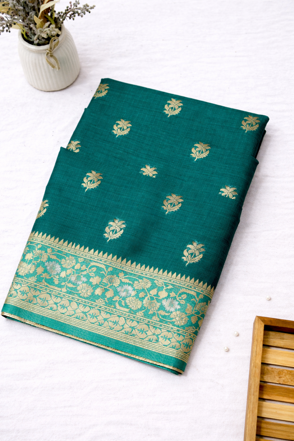 Teal Green Raw Silk Saree with Gold Floral Border