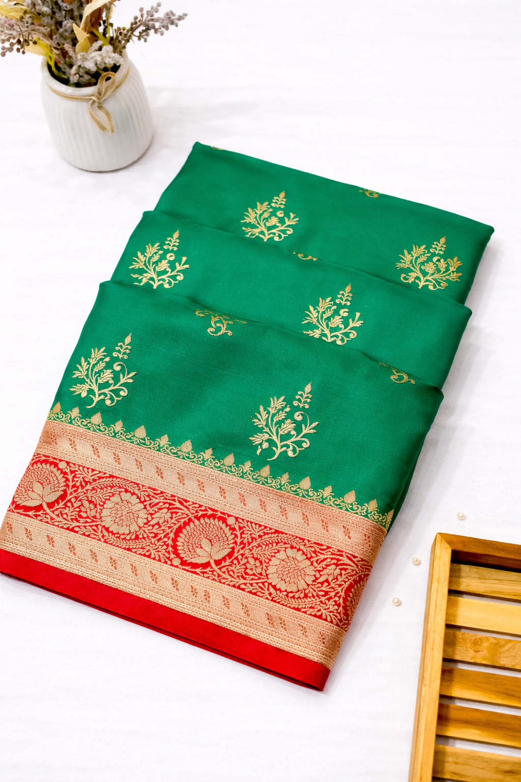 Emerald Green Semi Katan Silk Saree with Rich Red Zari Border