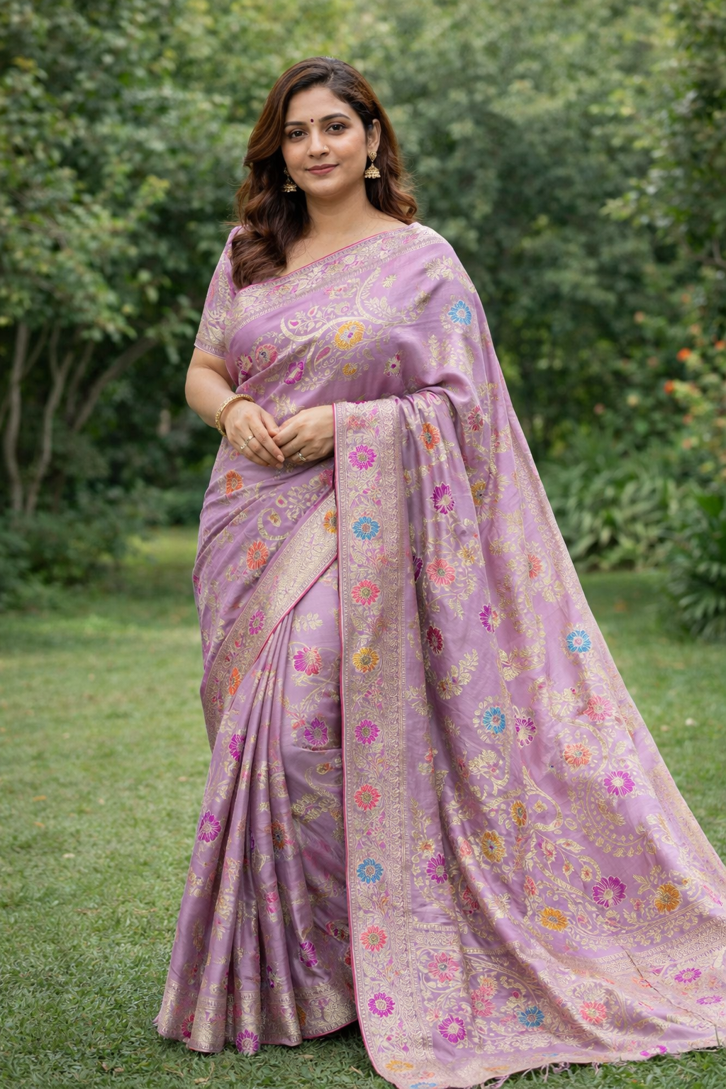 Enriched Banarasi Katan Silk Saree | Soft Lavender Pink Multicolor Meenakari Floral Jaal