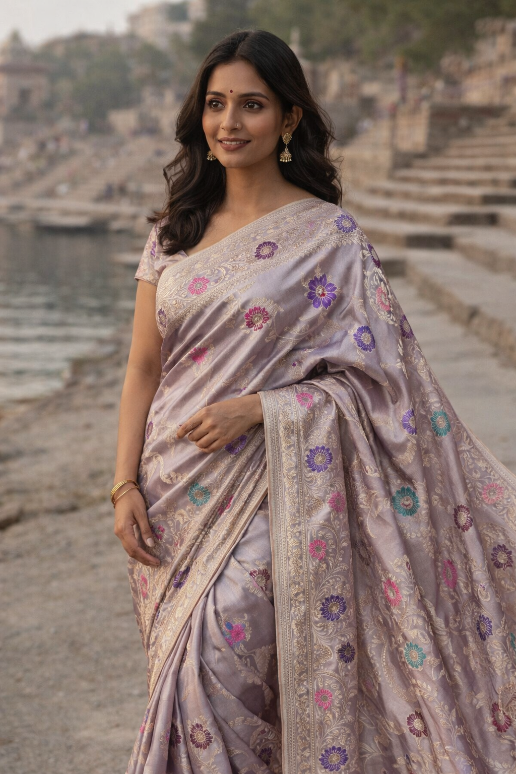 Enriched Banarasi Katan Silk Saree | Lavender Mist Multicolor Meenakari Floral Jaal