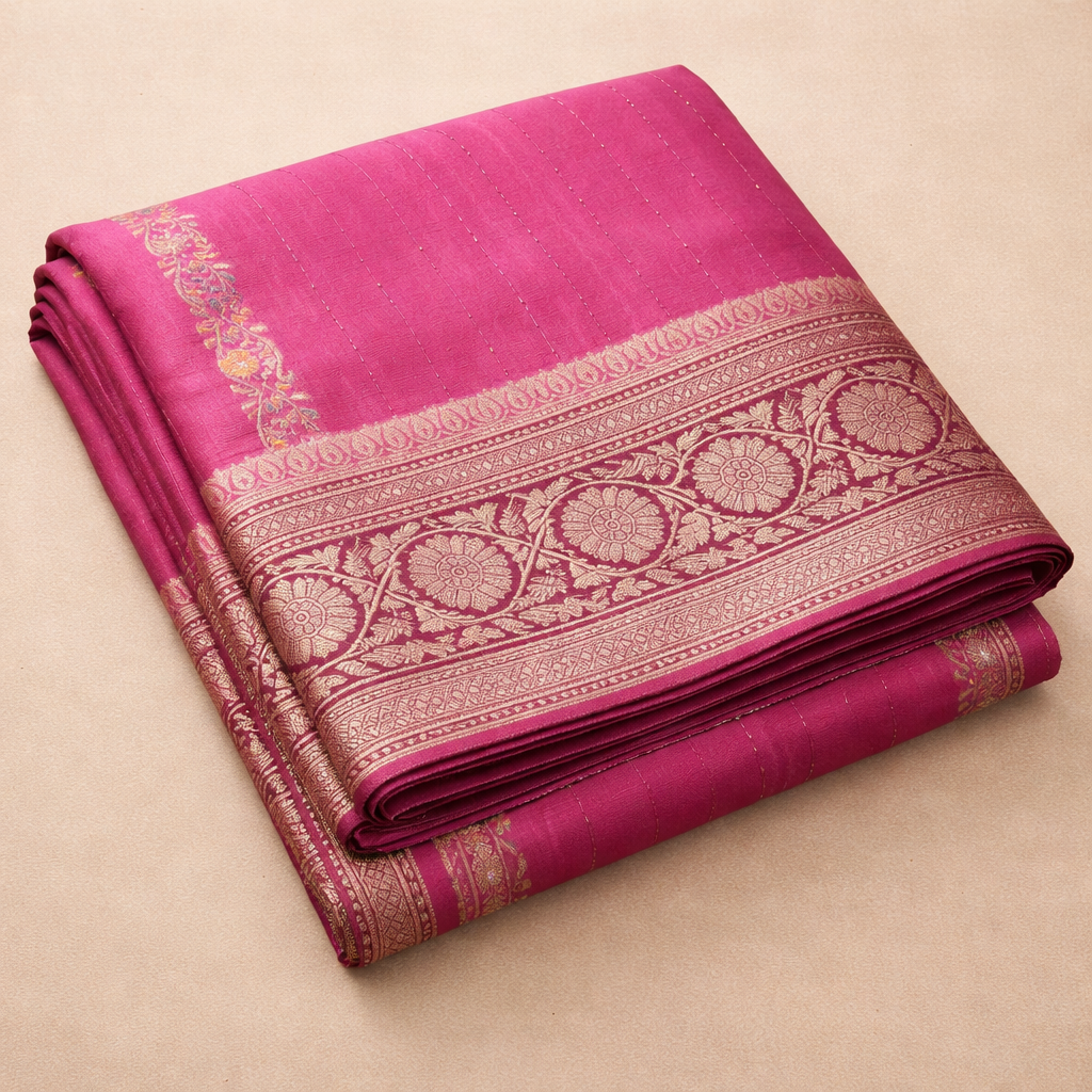 Pink Banarasi Dola Silk Saree with Maroon Meenakari Border