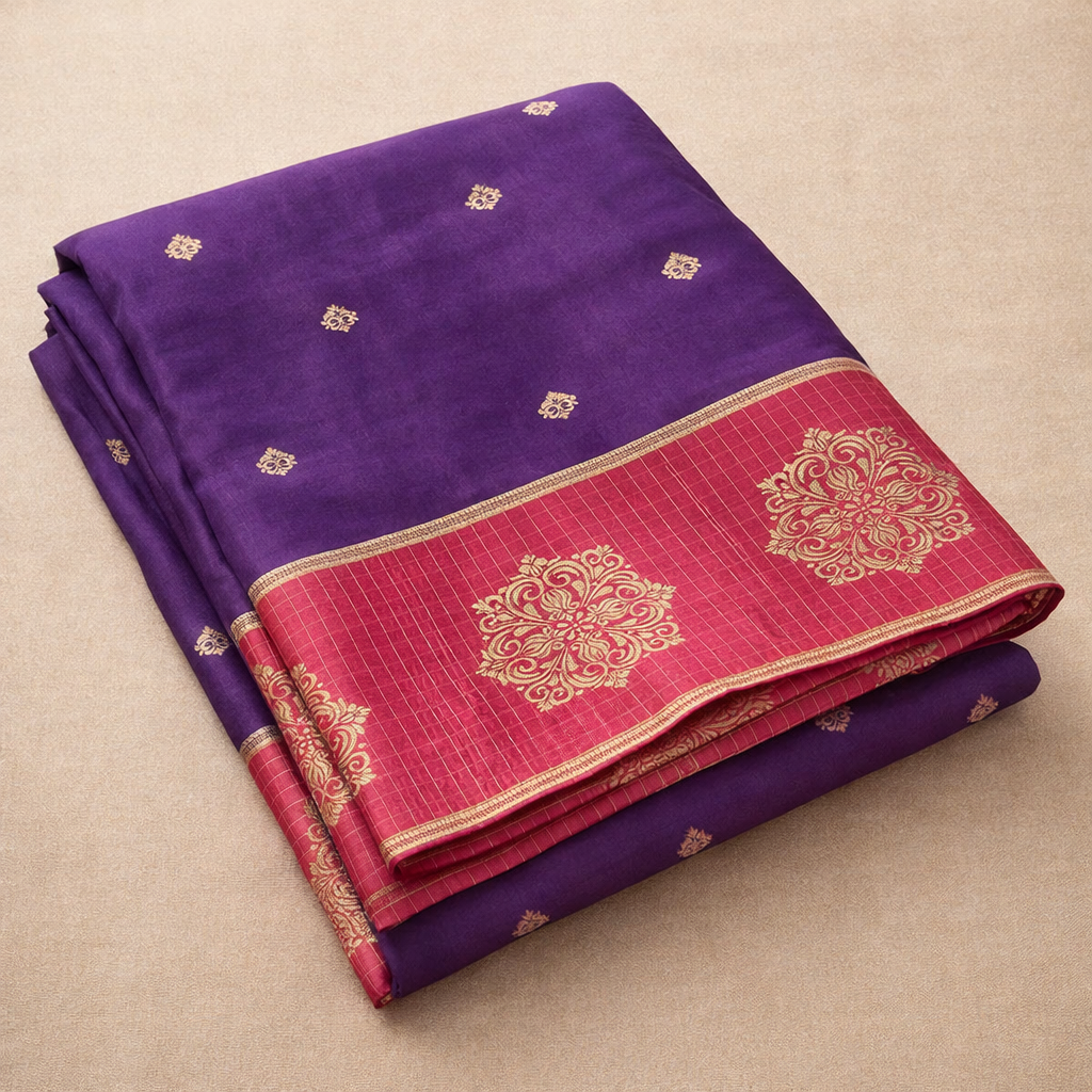 Deep Purple and Red Banarasi Silk Saree with Checkered Skirt Border