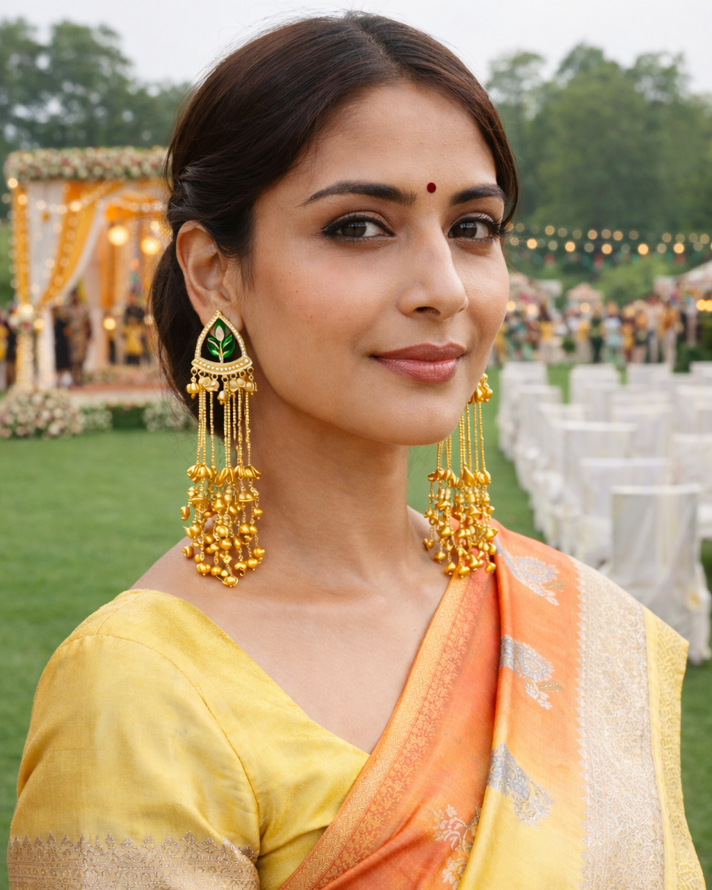 Bold Kashmiri Brass Earrings - Green and Gold