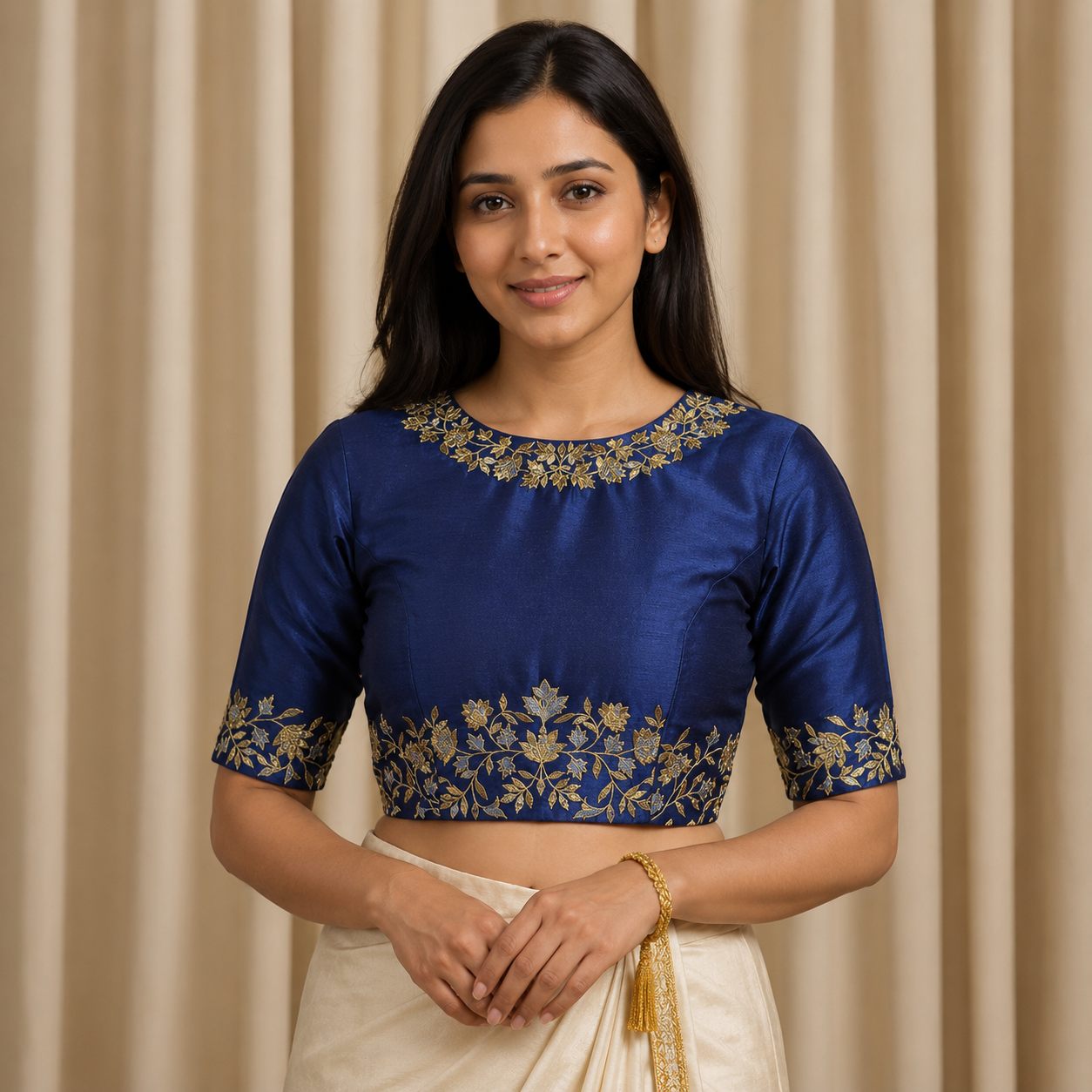 Deep Royal Blue Embroidered Work Blouse – Elbow Length Sleeves