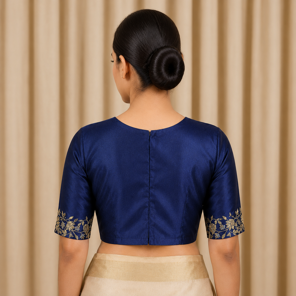 Deep Royal Blue Embroidered Work Blouse – Elbow Length Sleeves