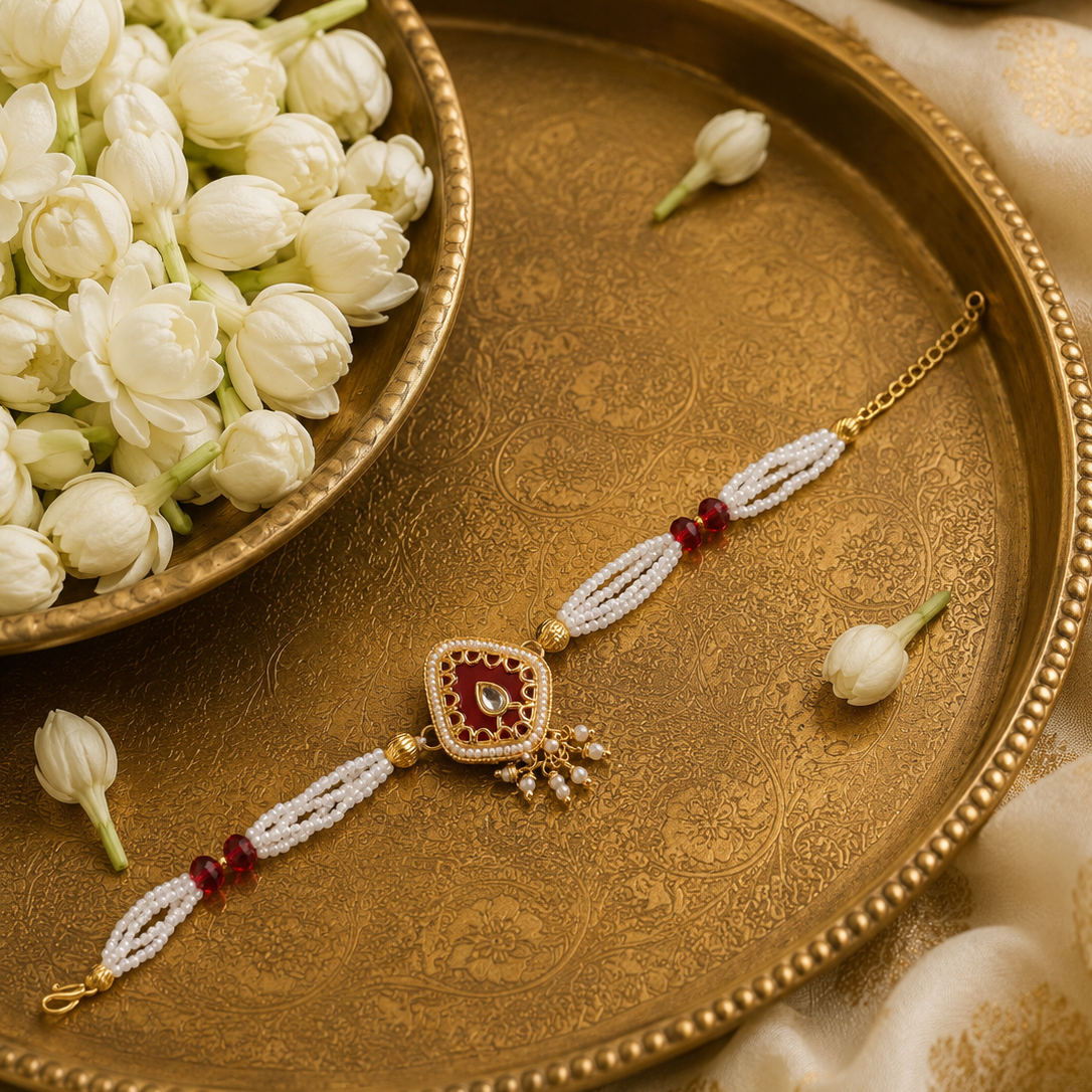 Ruby Red Heritage Pearl Rakhi Bracelet