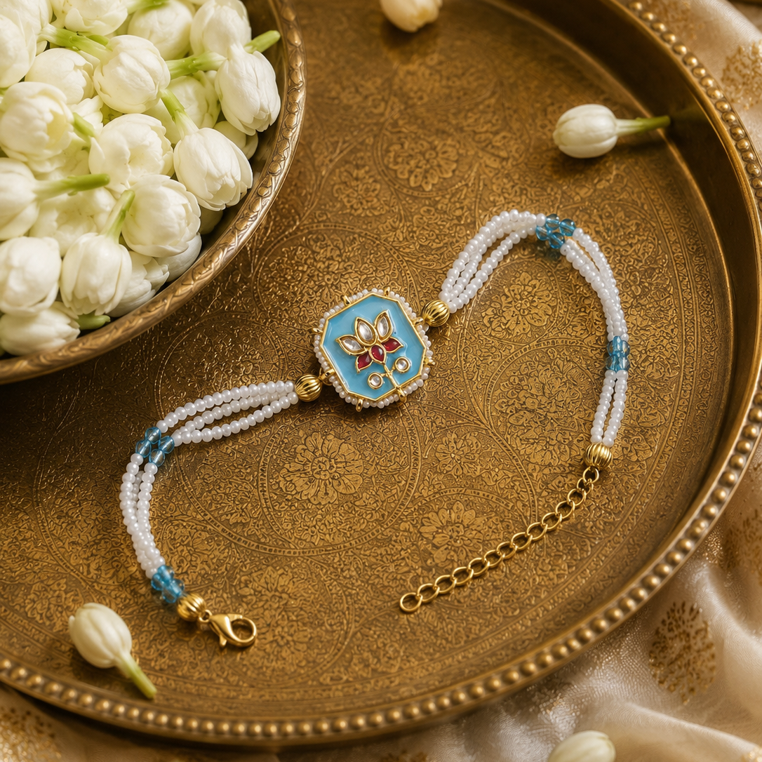 Blue Lotus Pearl Rakhi Bracelet