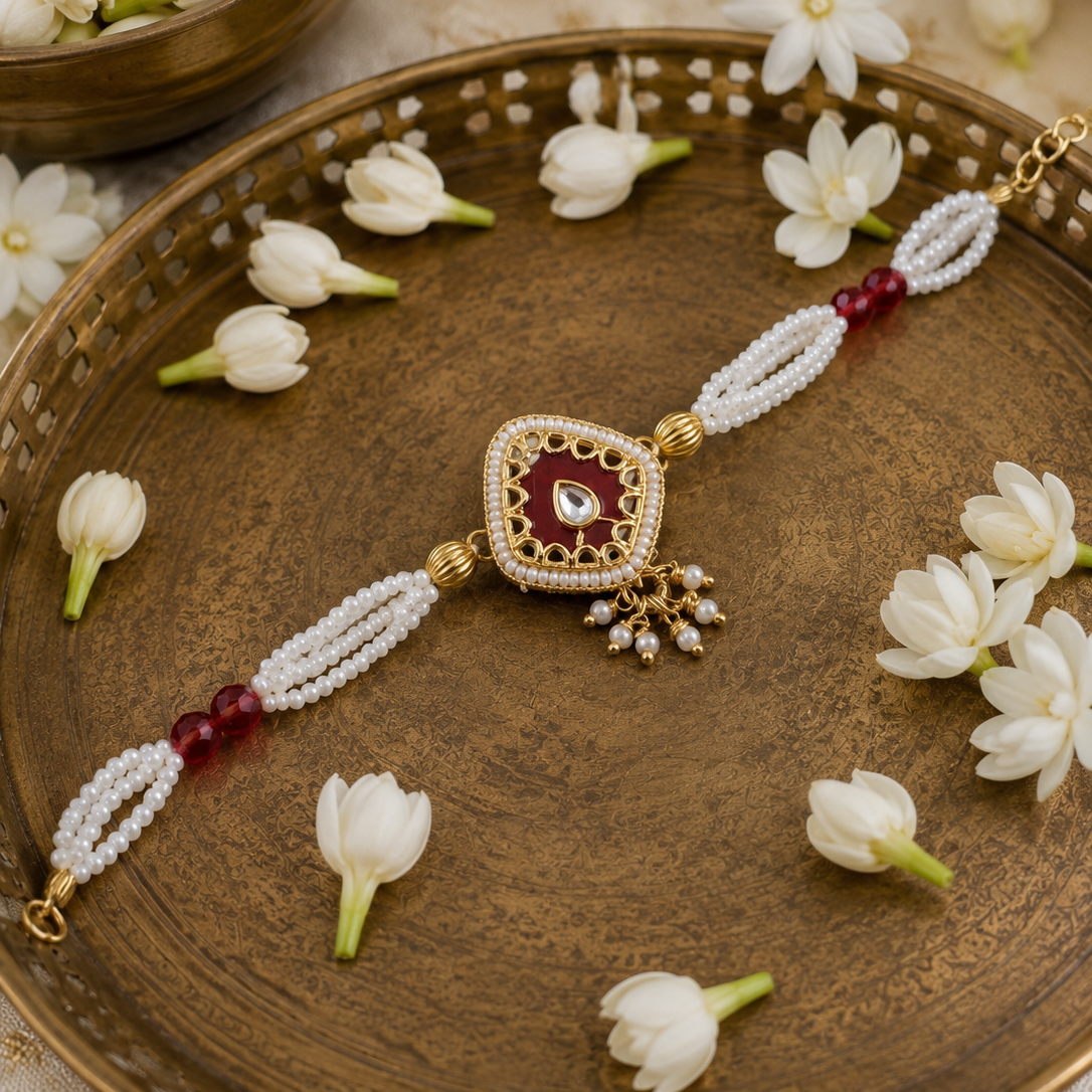 Ruby Red Heritage Pearl Rakhi Bracelet