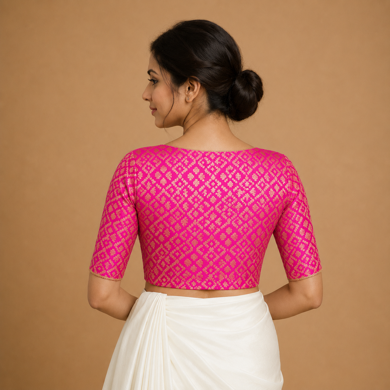 Readymade Pink Brocade V-Neck Blouse with Elbow-Length Sleeves