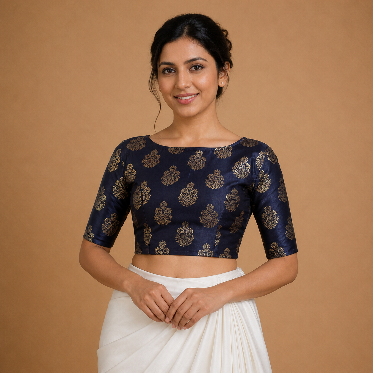 Denim Blue Jacquard Boat Neck Blouse