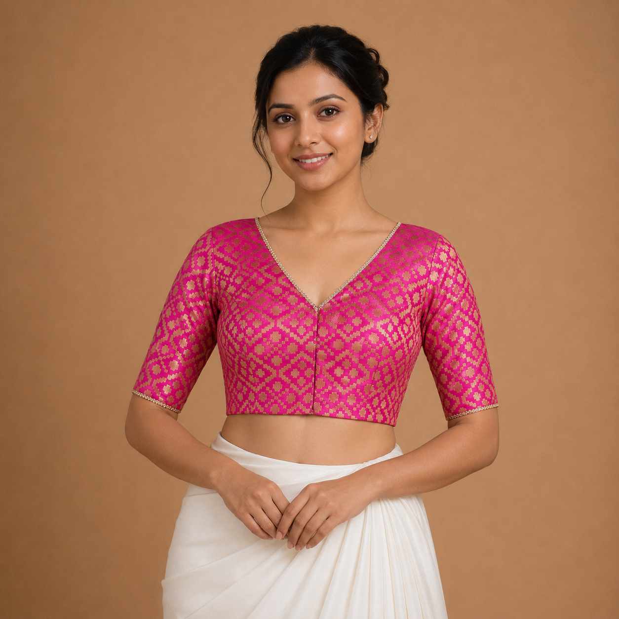 Readymade Pink Brocade V-Neck Blouse with Elbow-Length Sleeves