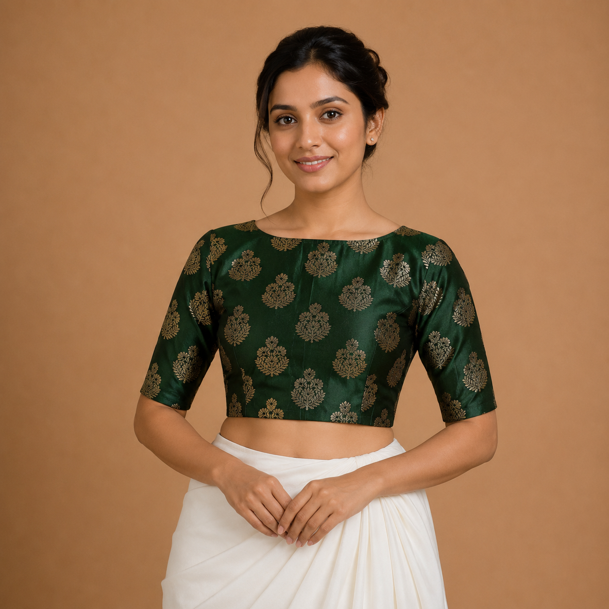 Emerald Green Jacquard Boat Neck Blouse