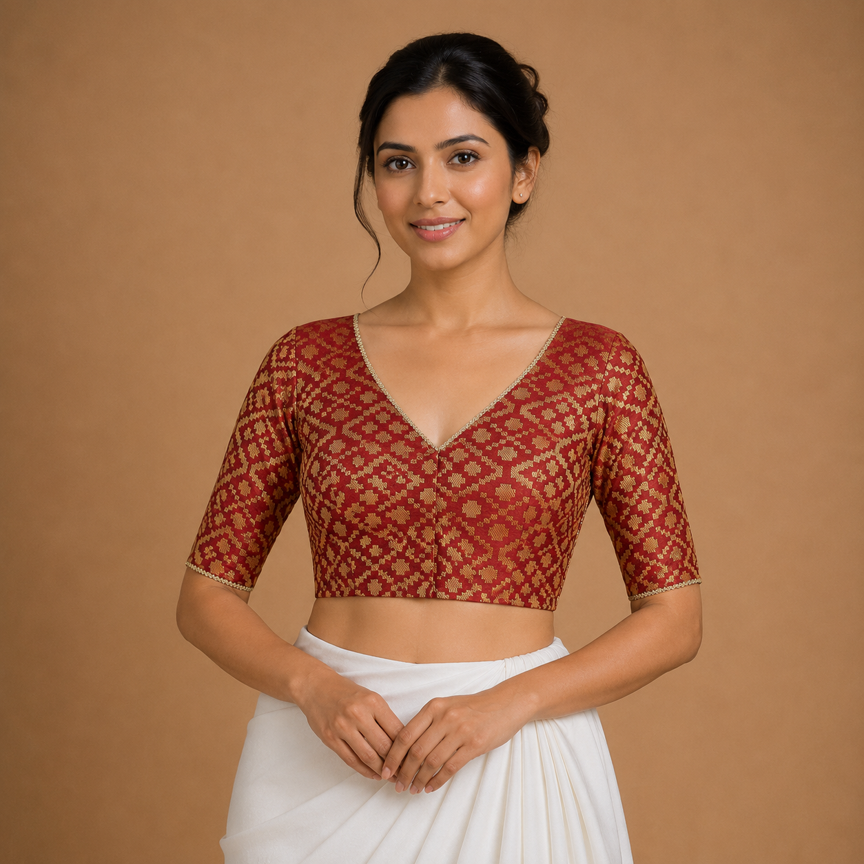 Readymade Maroon Brocade V-Neck Blouse with Elbow-Length Sleeves