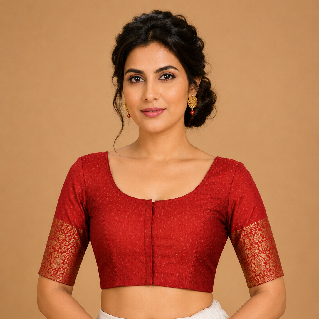 Readymade Red Brocade Blouse with Golden Kanjivaram Border