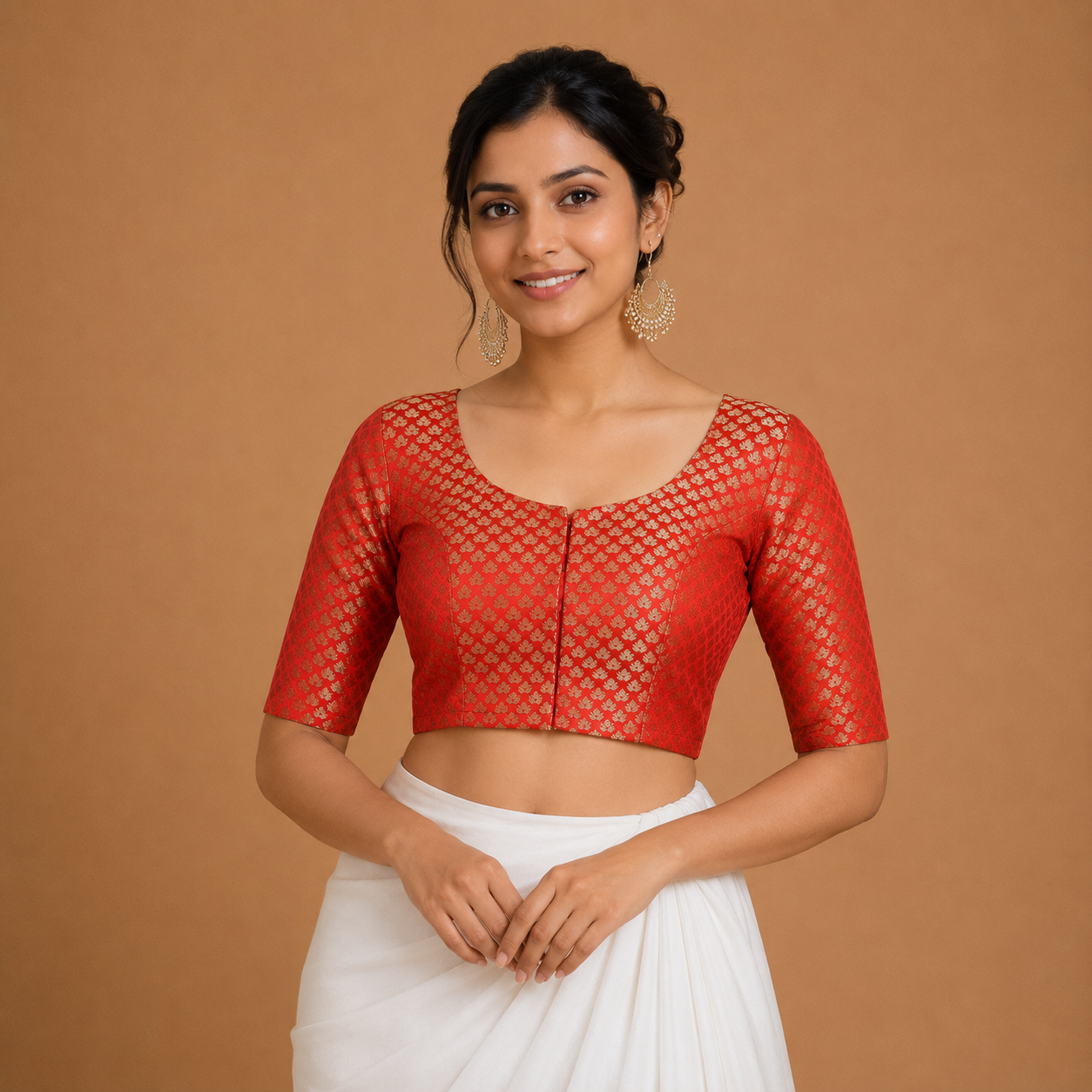 Red Brocade Front Open Blouse – Elbow Length Sleeves