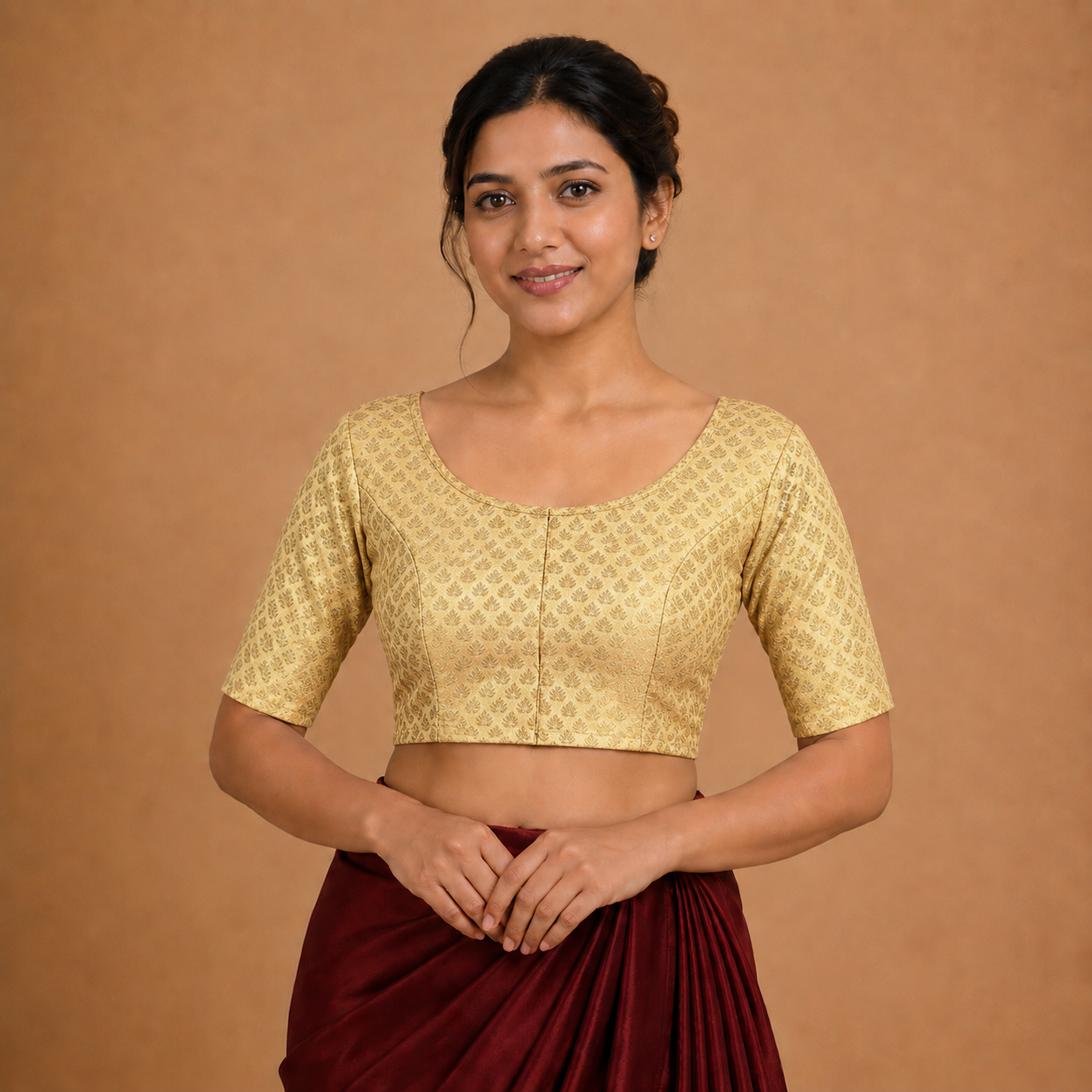 Gold Brocade Front Open Blouse – Elbow Length Sleeves