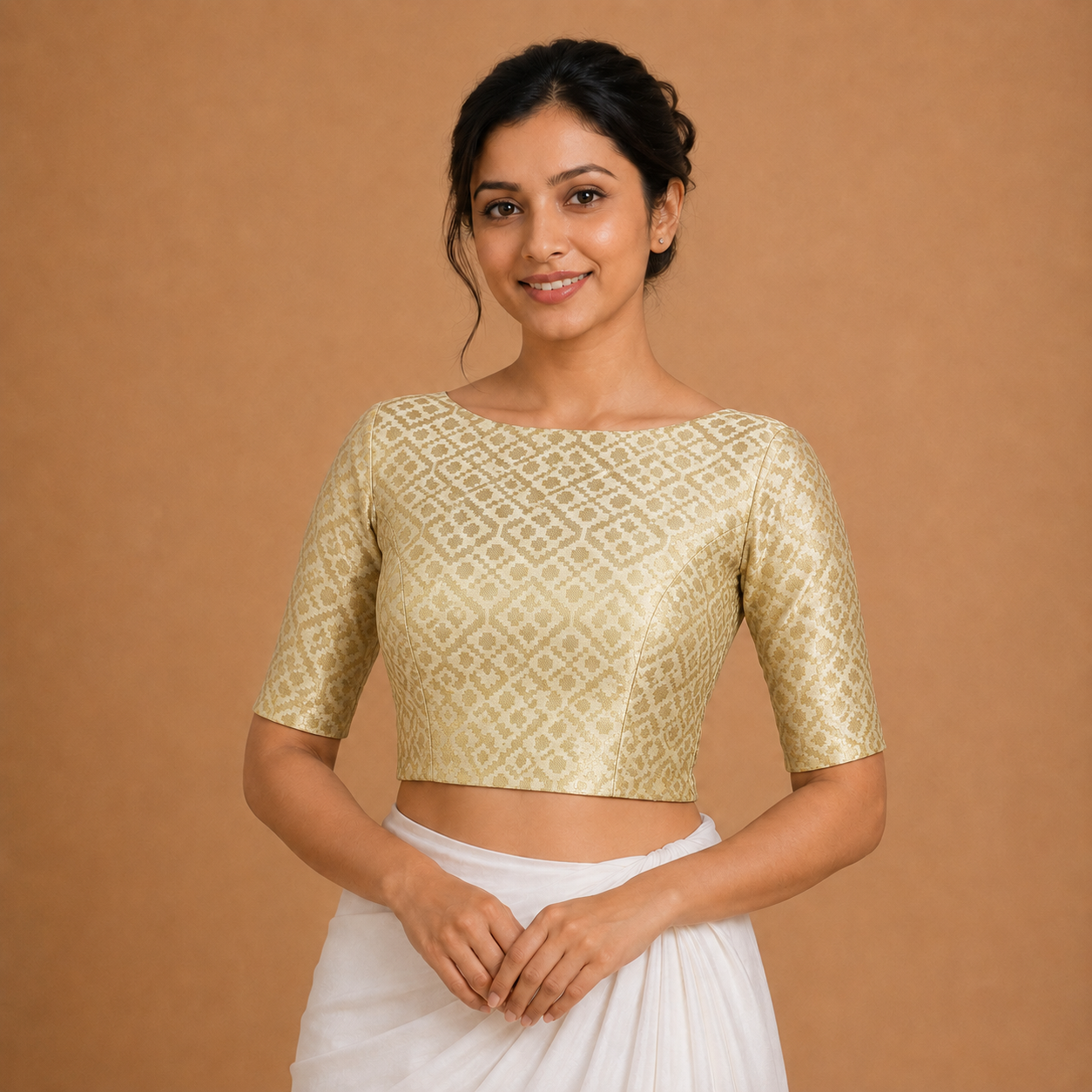 Cream Brocade Blouse – Elbow Length Sleeves