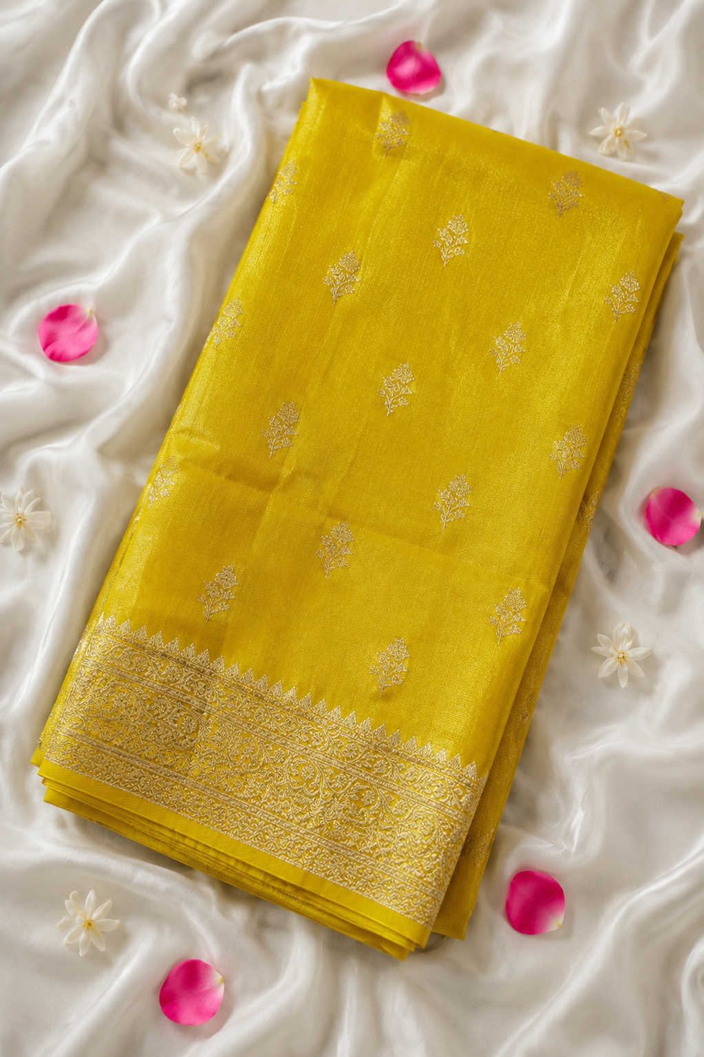 Golden Yellow Tissue Katan Silk Saree with Champagne Gold Border