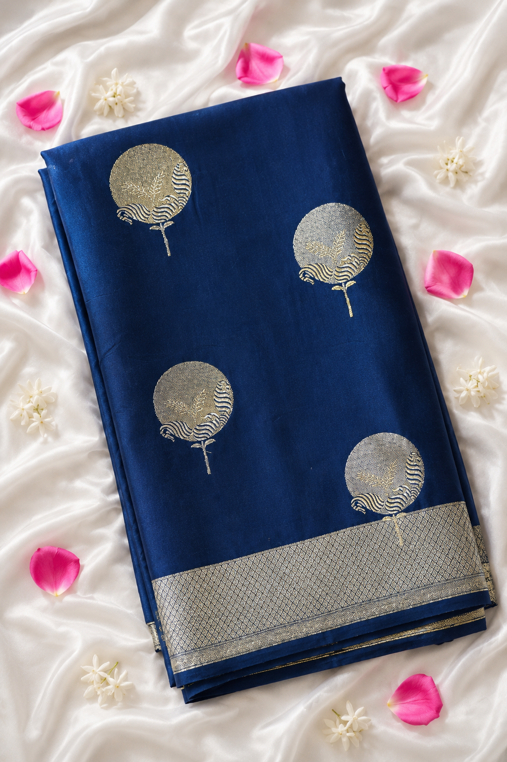 Electric Blue Mashru Silk Saree with Champagne Border