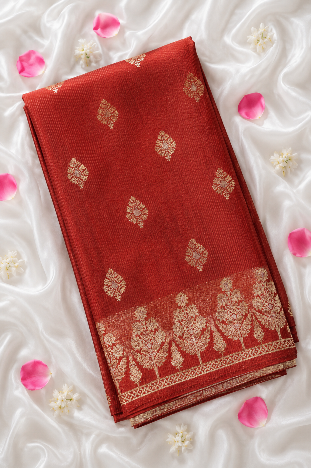 Dark Cherry Red Mashru Silk Saree with Champagne Gold Border