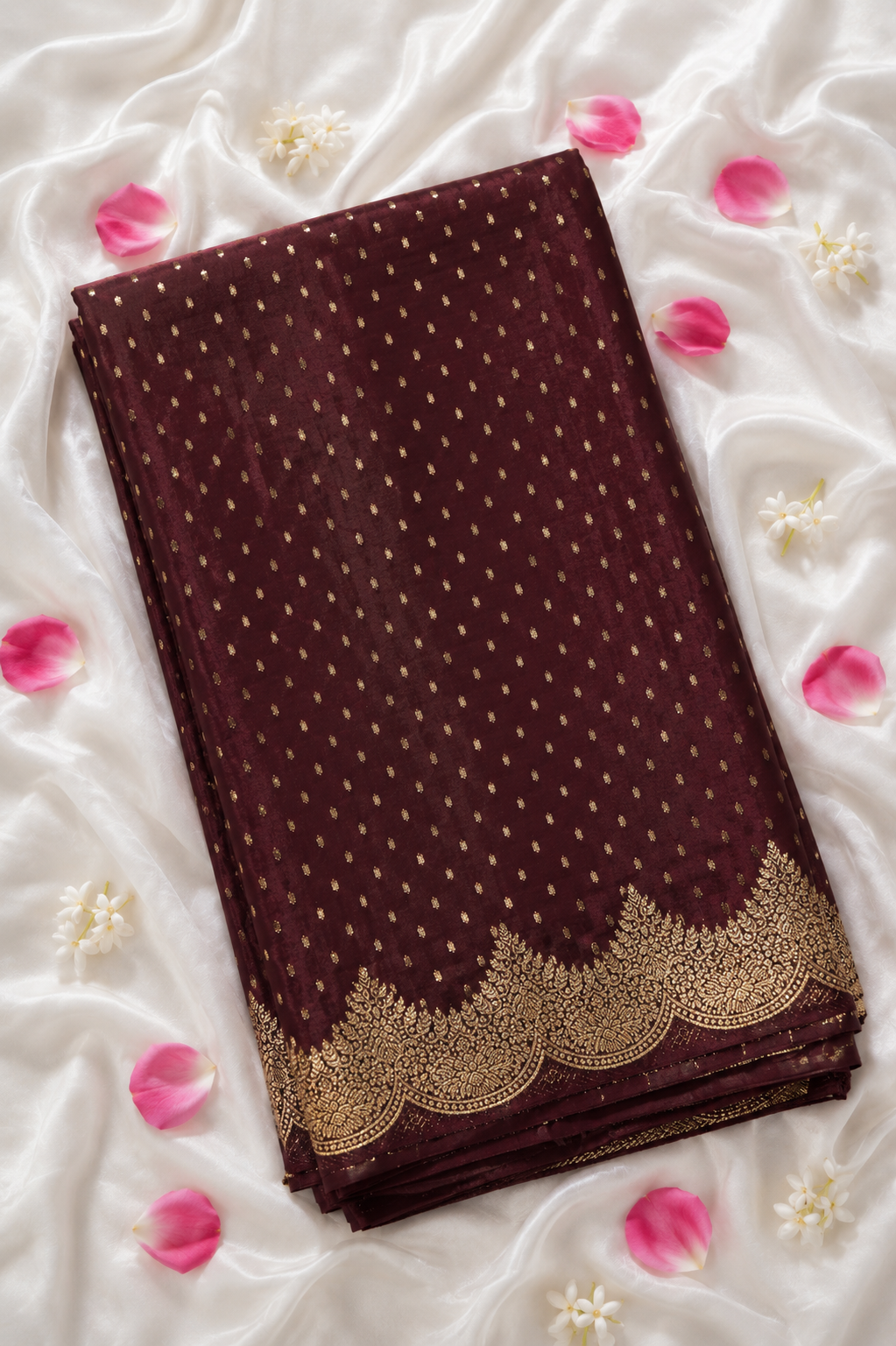 Burgundy Maroon Muslin Silk Saree with Champagne Gold Border