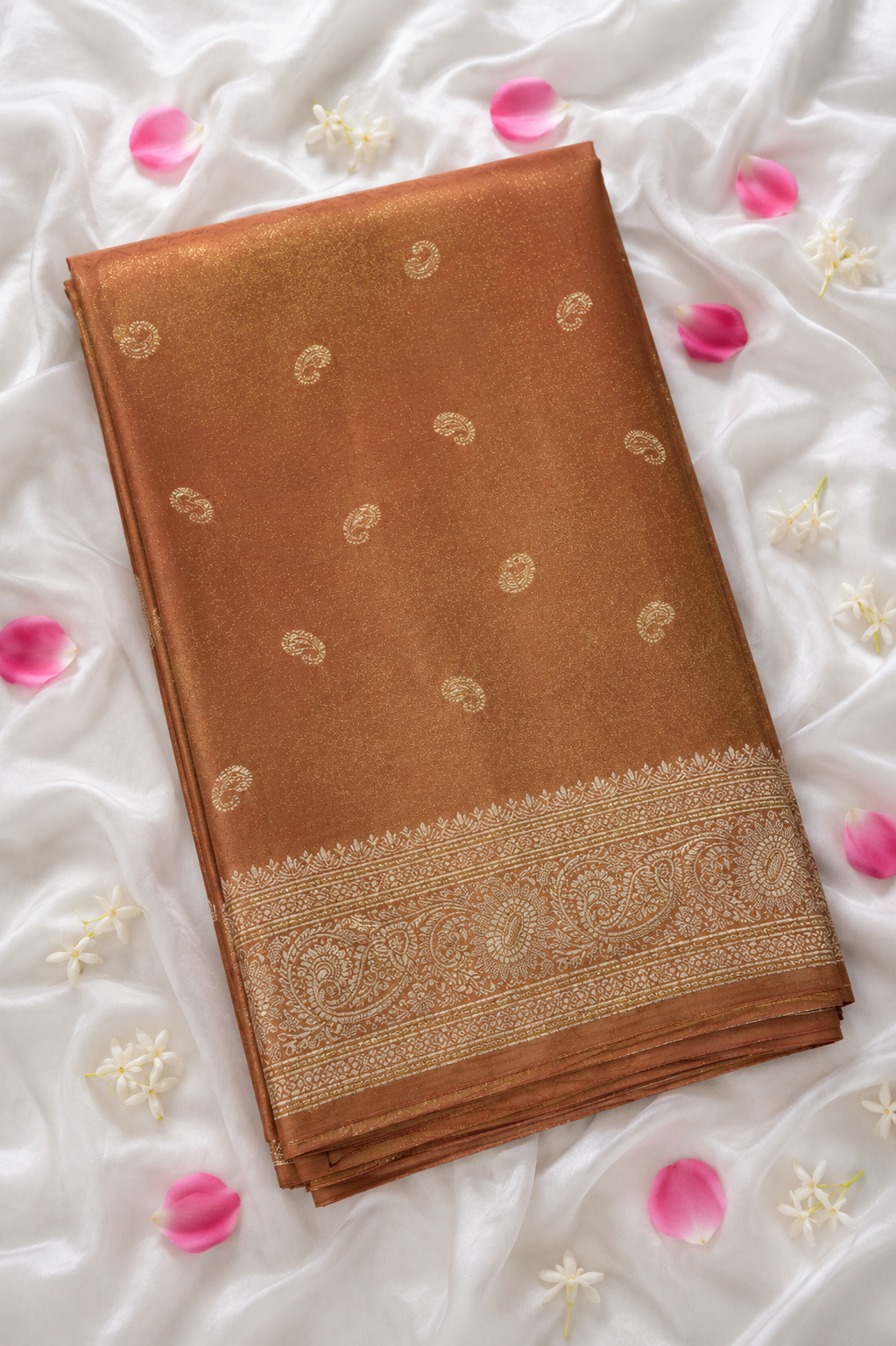 Caramel Bronze Tissue Katan Silk Saree with Champagne Gold Border