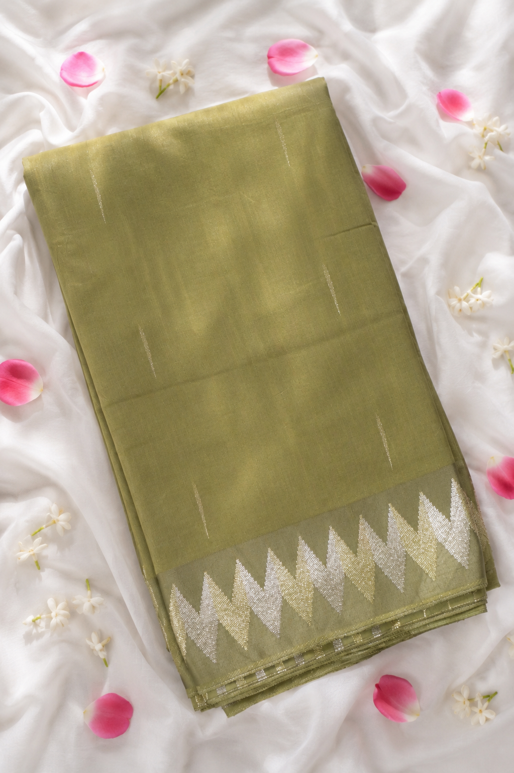 Dusty Olive Green Mul Cotton Banarasi Saree with Gold and Silver Weave