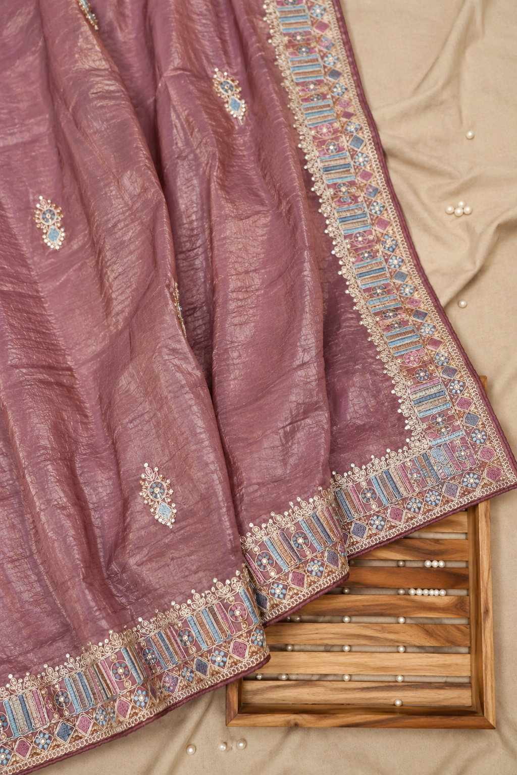 Mosaic Jewel Designer Tissue Saree – Dusty Mauve