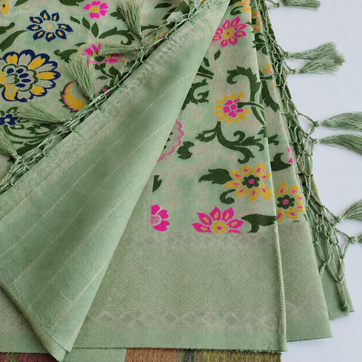 Banarasi Silk Light Green Dupatta with Multicolor & Gold Floral Handweaving