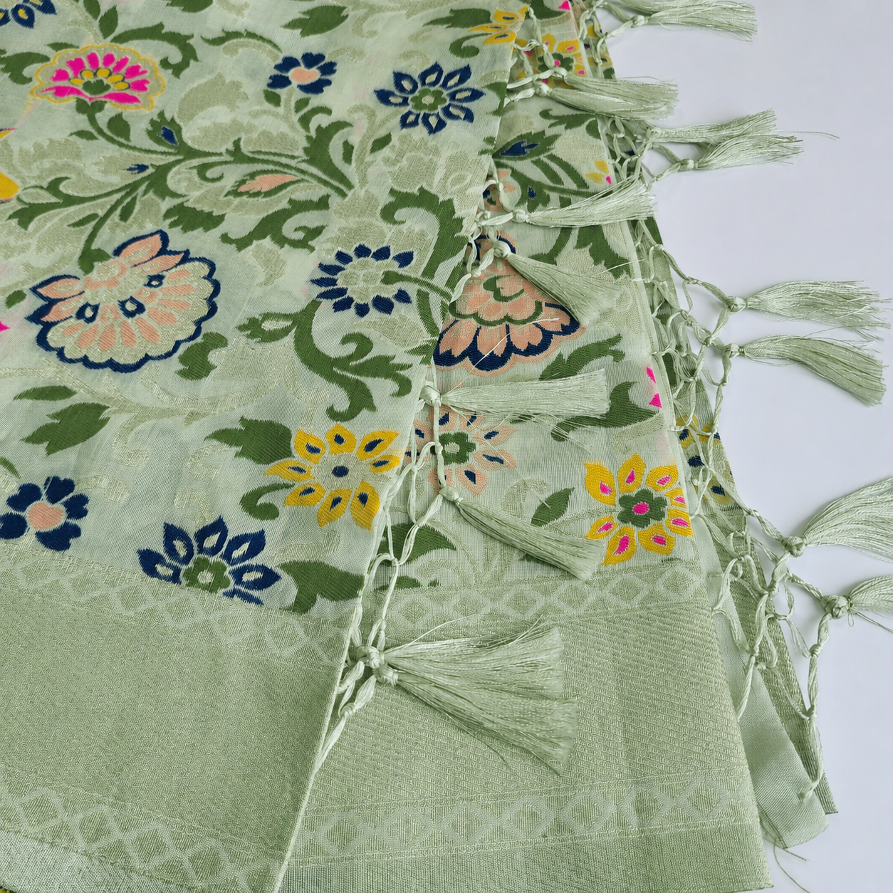 Banarasi Silk Light Green Dupatta with Multicolor & Gold Floral Handweaving
