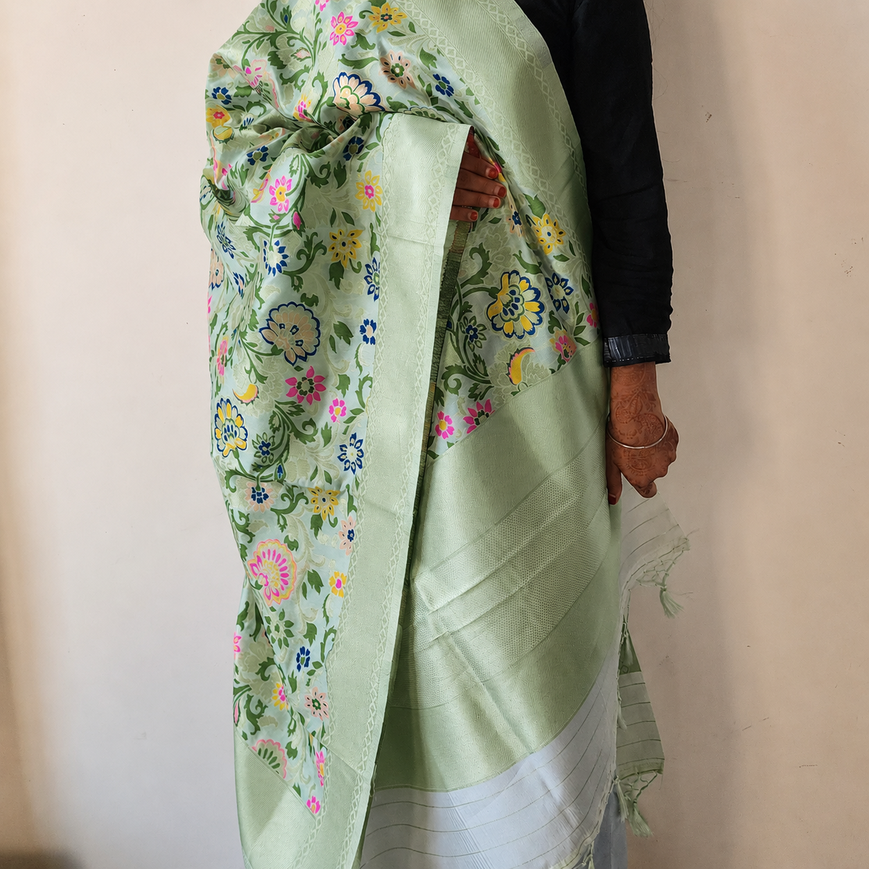 Banarasi Silk Light Green Dupatta with Multicolor & Gold Floral Handweaving