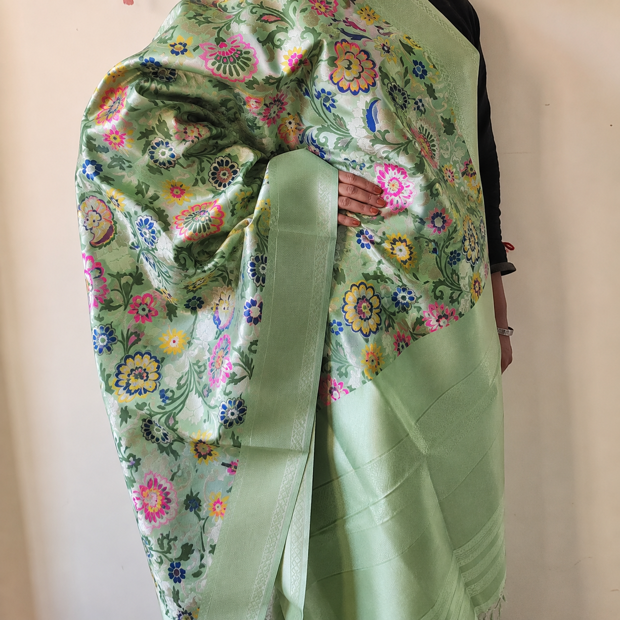 Banarasi Silk Light Green Dupatta with Multicolor & Gold Floral Handweaving